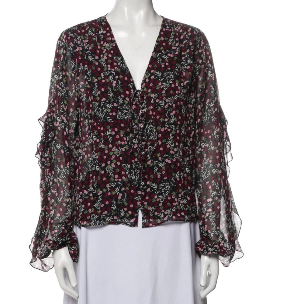 Nicholas Silk Floral Plunge Neckline Ruffle Sleeve Blouse